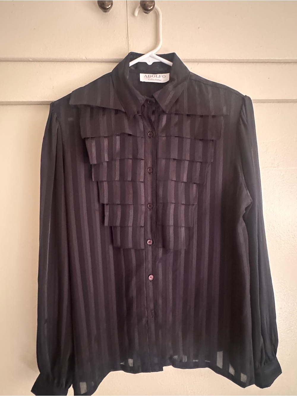 Adolfo Black Sheer Striped Ruffle-Front Button Down Blouse